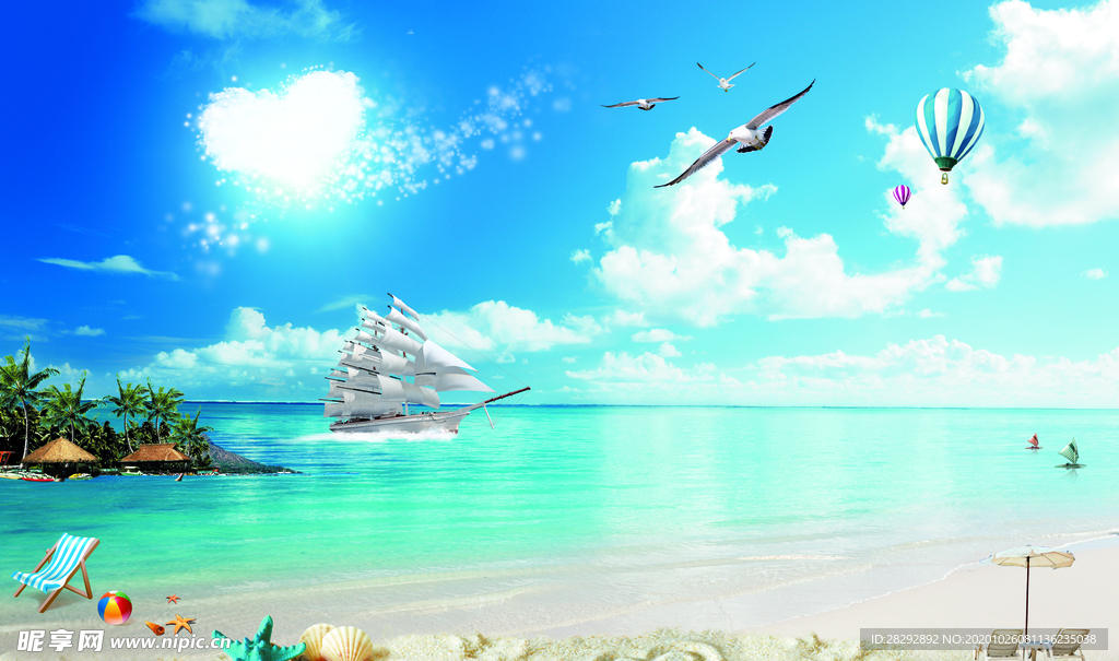 蓝天白云沙滩帆船