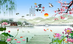 荷花  九鱼 家和富贵 背景墙