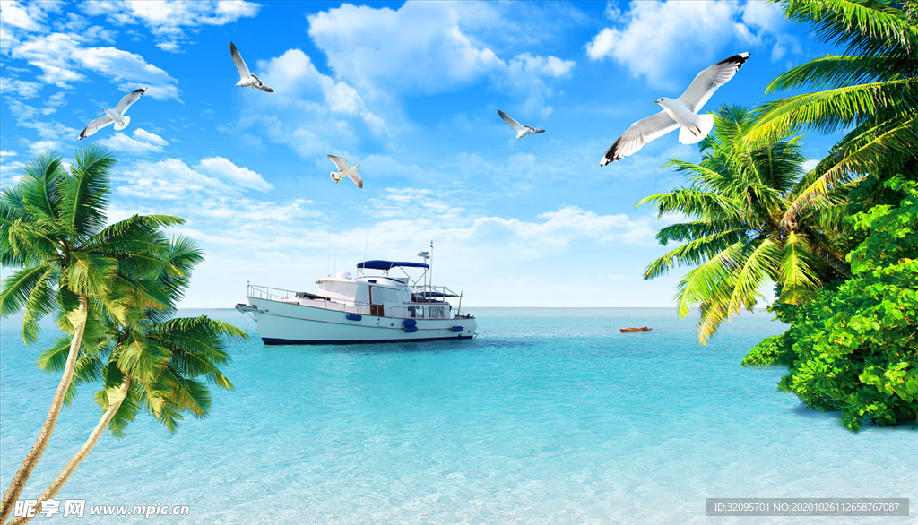 海边 椰树 轮船 海鸥 背景墙