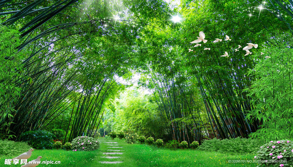 竹林 鸽子 小碎花 草地背景墙