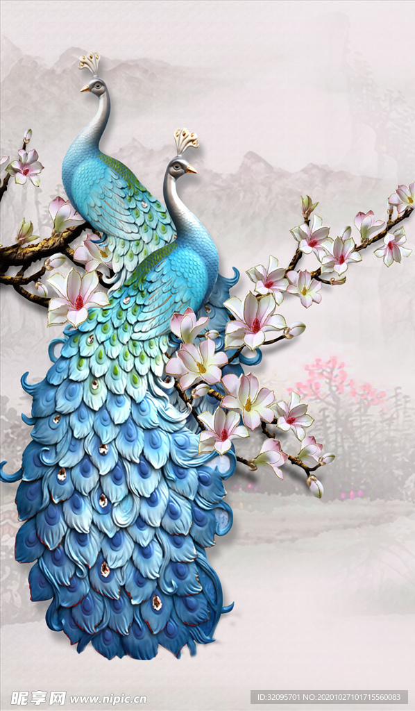 花鸟画 孔雀 玉兰 玄关图