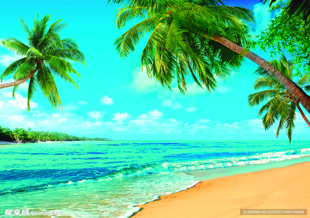椰树海岸风景海浪小岛白云蓝天