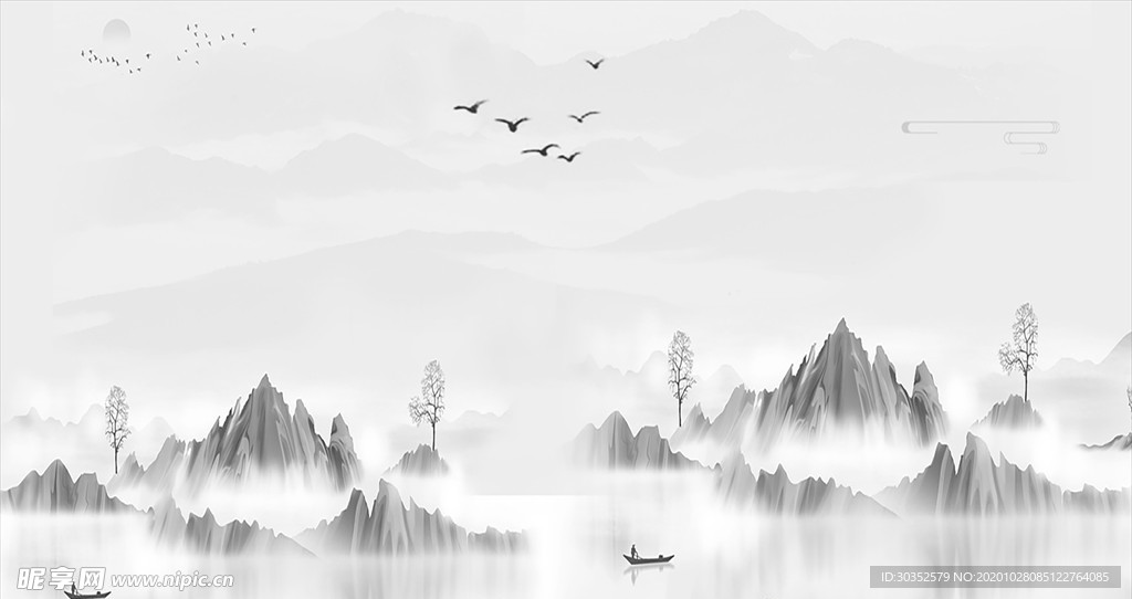 新中式山水鎏金仙鹤背景