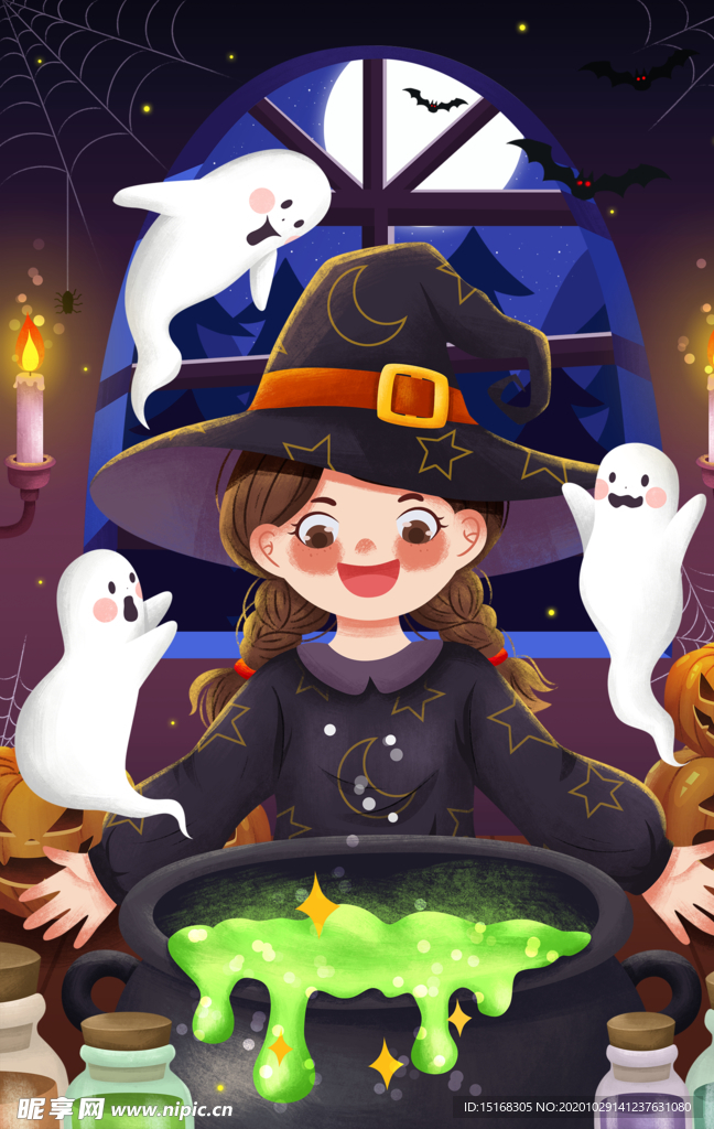 万圣节魔女与幽灵插画