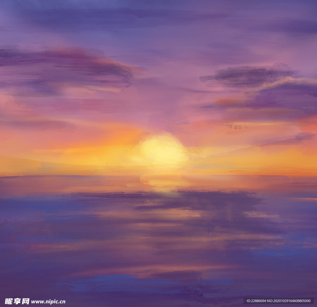 手绘 海景夕阳