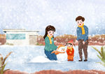 开心堆雪人的一家三口
