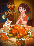 感恩节吃火鸡女孩烛光晚餐美食画