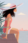 人物女性海边插画卡通背景素材