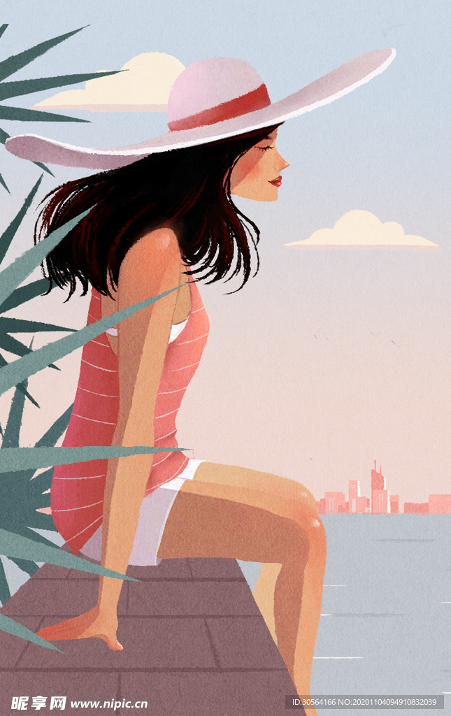 人物女性海边插画卡通背景素材