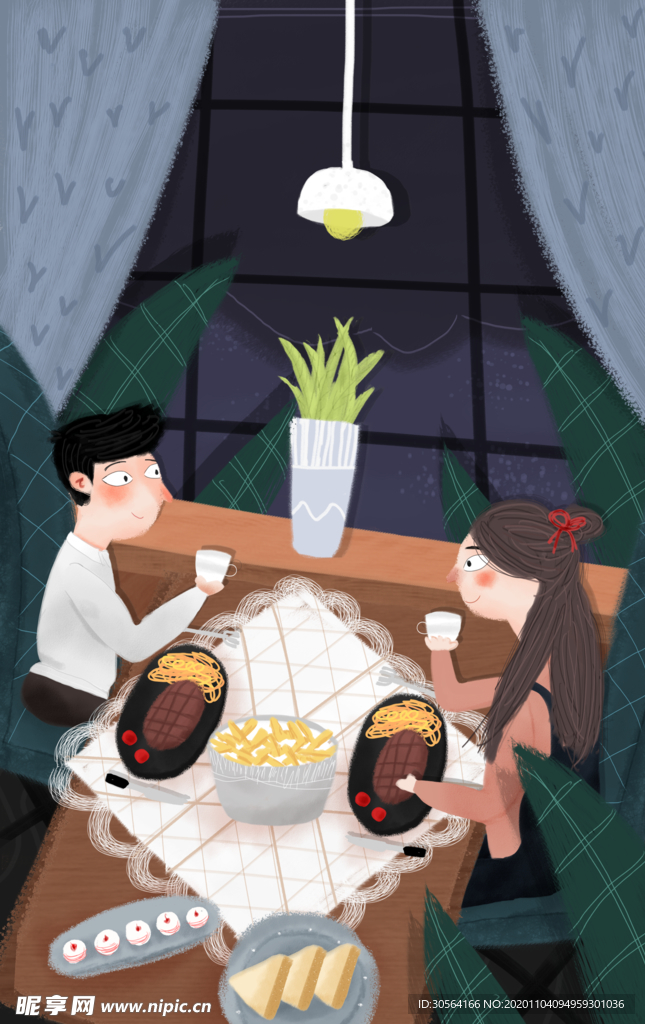 情侣晚餐清新插画卡通背景素材