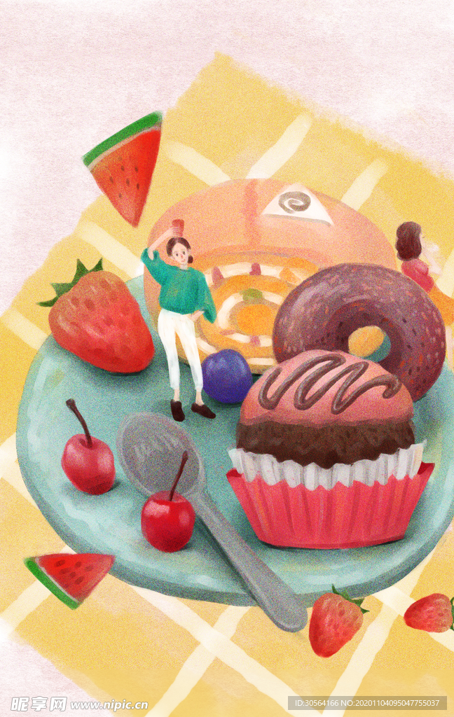 甜品美食清新插画卡通背景素材