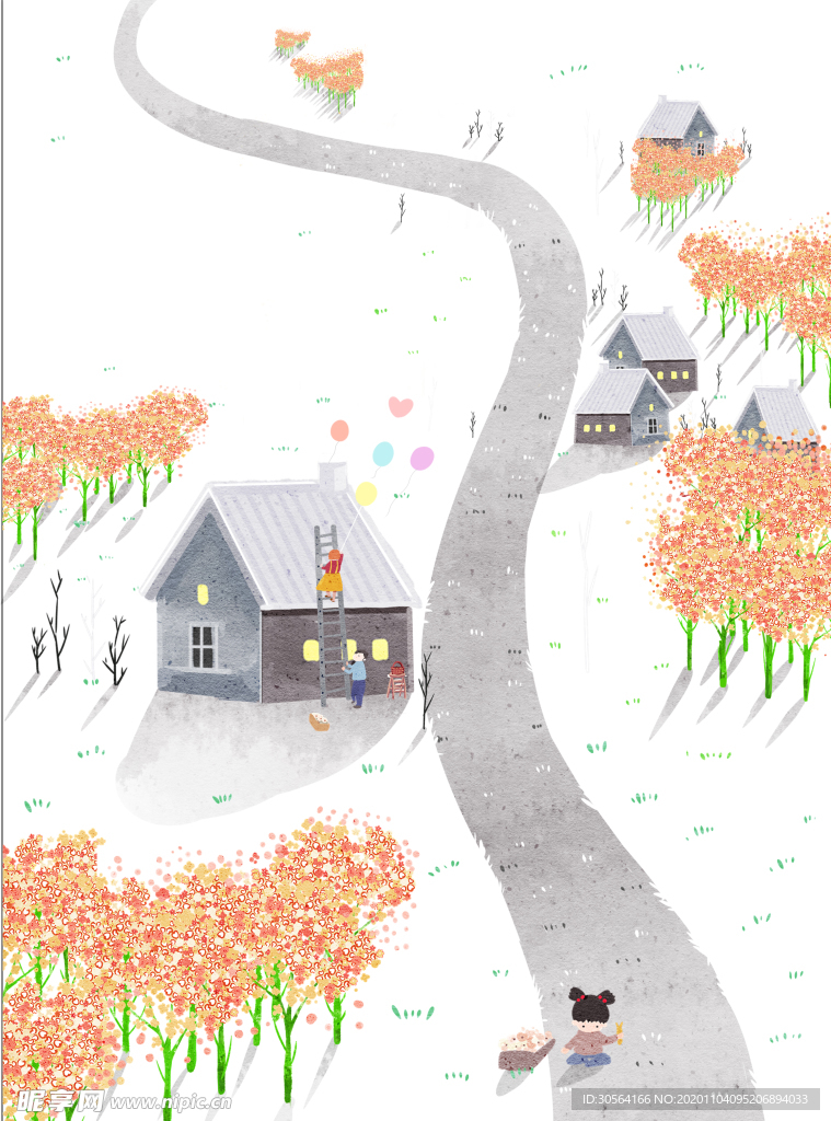 乡村简约清新插画卡通背景素材