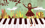 钢琴少女音乐插画卡通背景素材