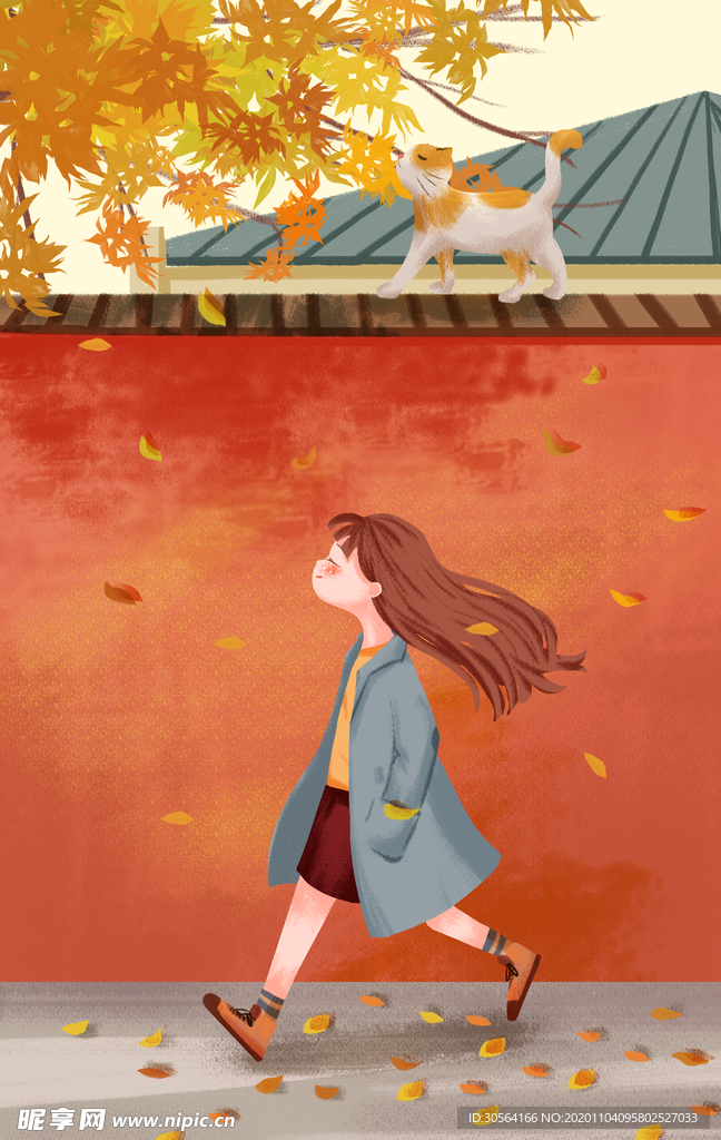 人物少女城墙插画卡通背景素材