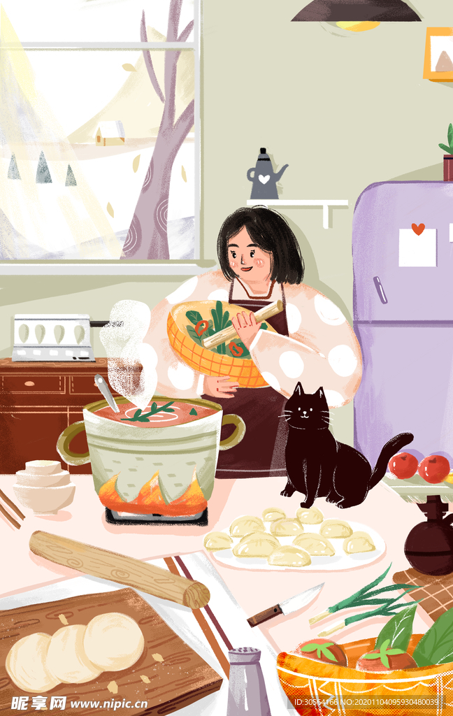 人物少女厨房插画卡通背景素材