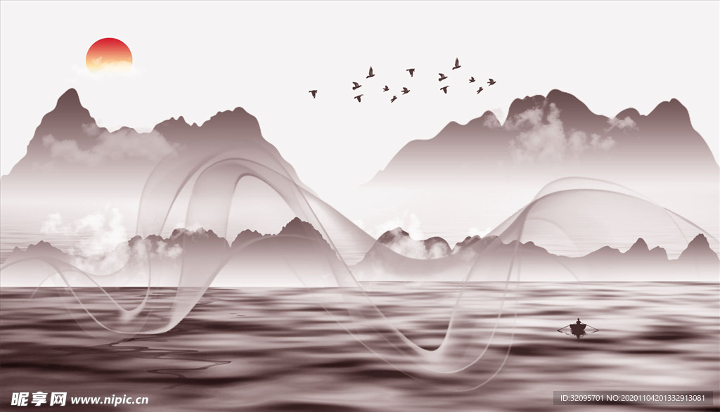 水墨山水 飘带 大雁 太阳