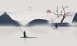 水墨画 小船 树 太阳 背景墙