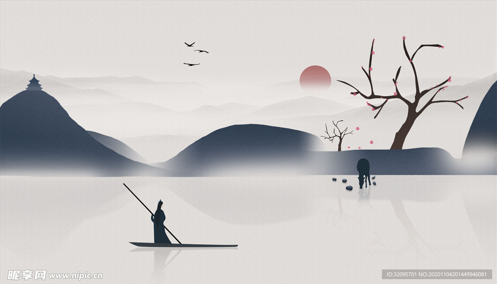 水墨画 小船 树 太阳 背景墙