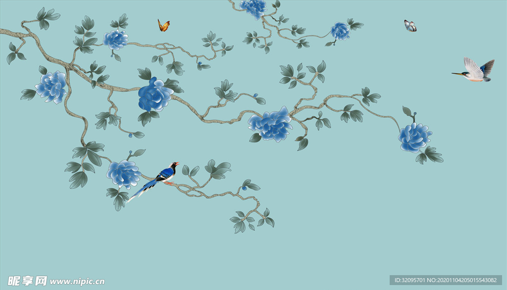 花鸟画 飞鸟 牡丹 背景墙