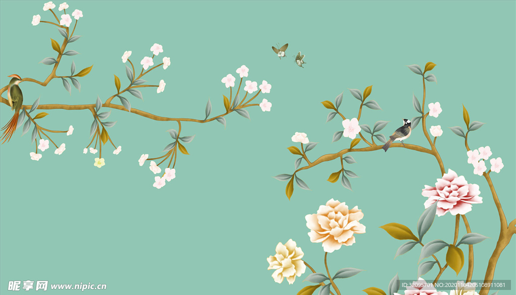 花鸟画  花  飞鸟 背景墙