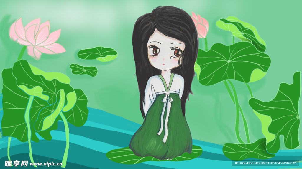 夏季荷叶少女插画背景海报素材