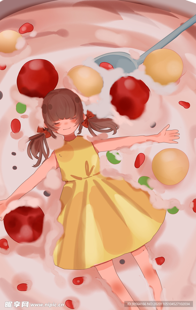人物少女汤圆插画背景海报素材