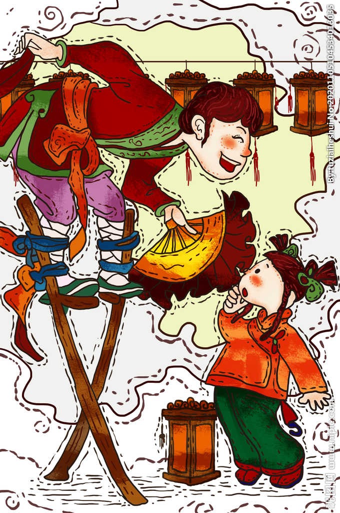 踩高跷传统人物插画背景海报素材