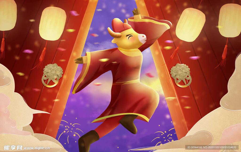 牛年新年复古插画背景海报素材