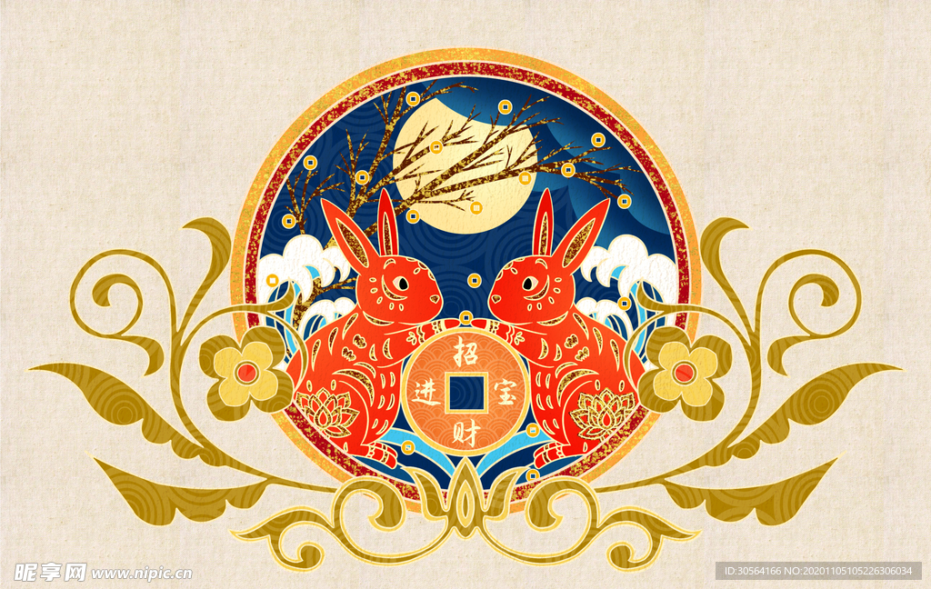 兔年生肖复古插画背景海报素材