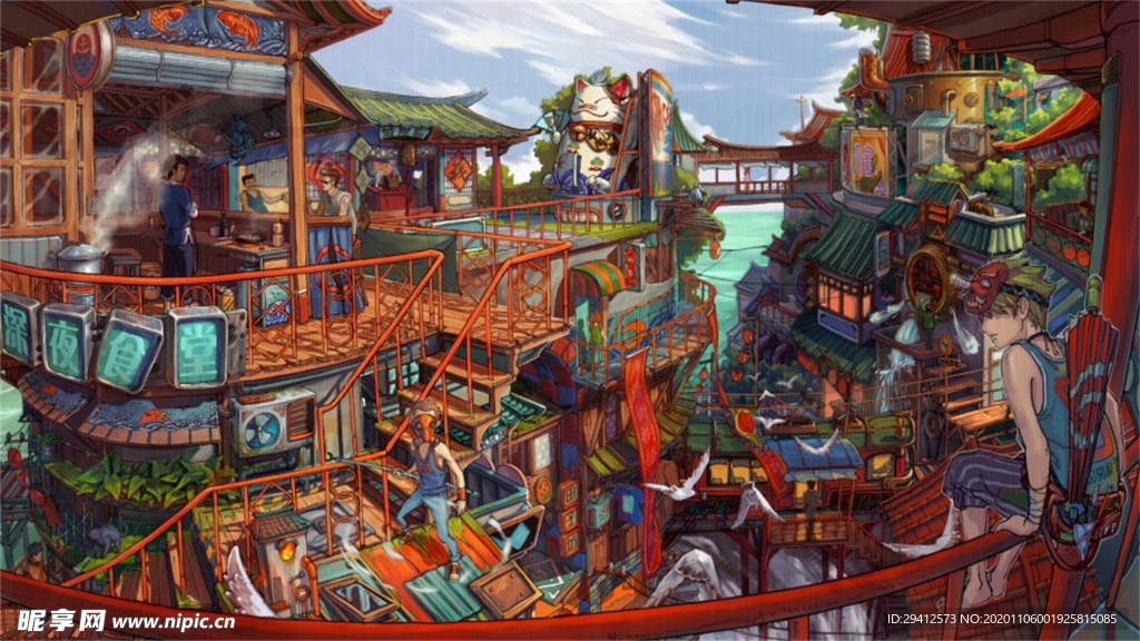 彩色动漫场景插画背景