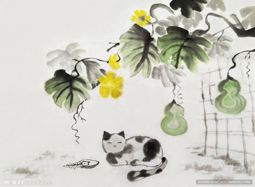小猫水墨水彩复古背景海报素材