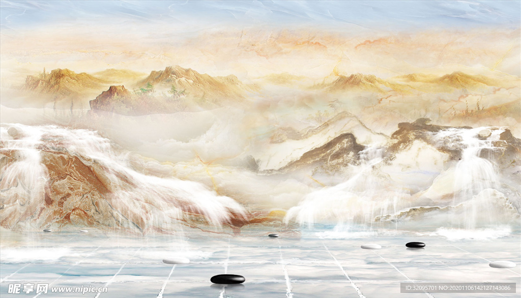 山水画 瀑布 鹅卵石 背景墙