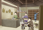 中医捣药煎药生产过程插画