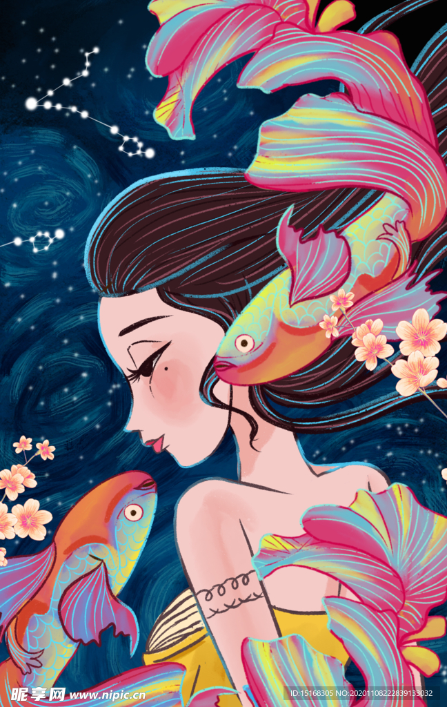 欧美风双鱼座插画