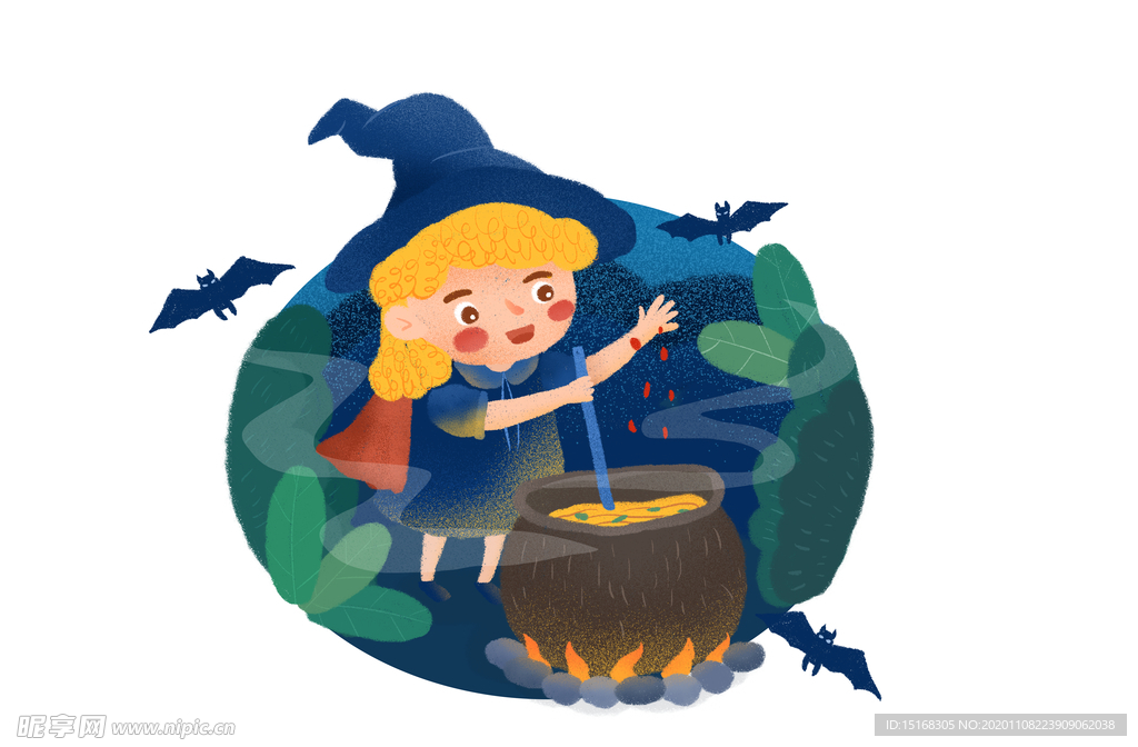 手绘 卡通 万圣节 女巫 魔法