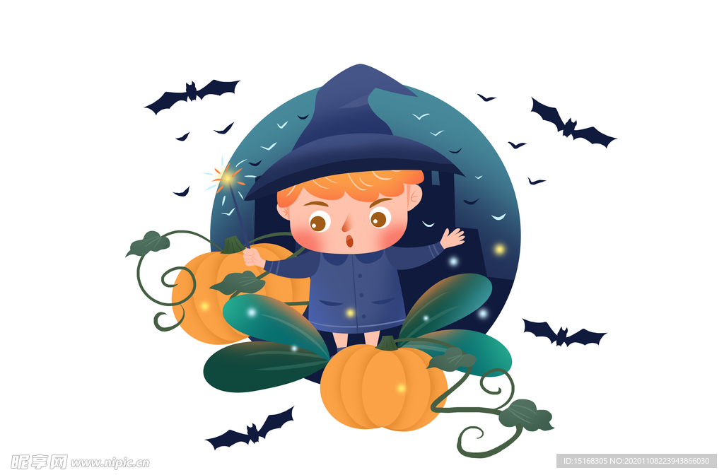 手绘卡通万圣节女巫魔法南瓜元素