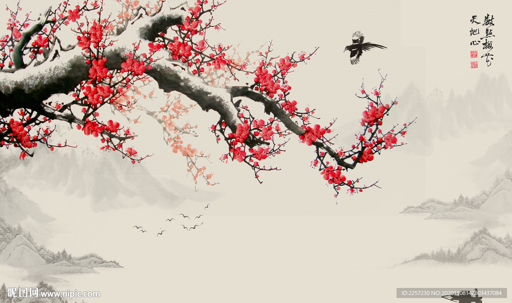 中式梅花电视背景壁画