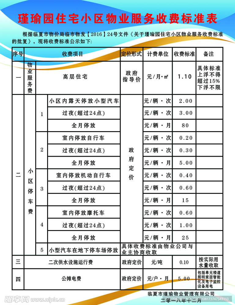 住宅小区物业服务收费标准表