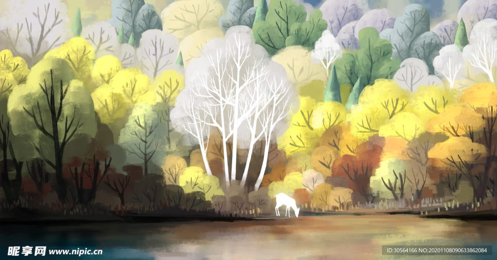 秋季森林小鹿插画背景海报素材