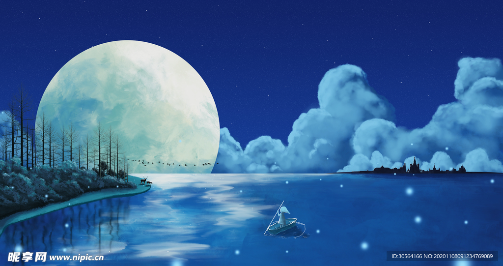 蓝色海洋治愈插画背景海报素材