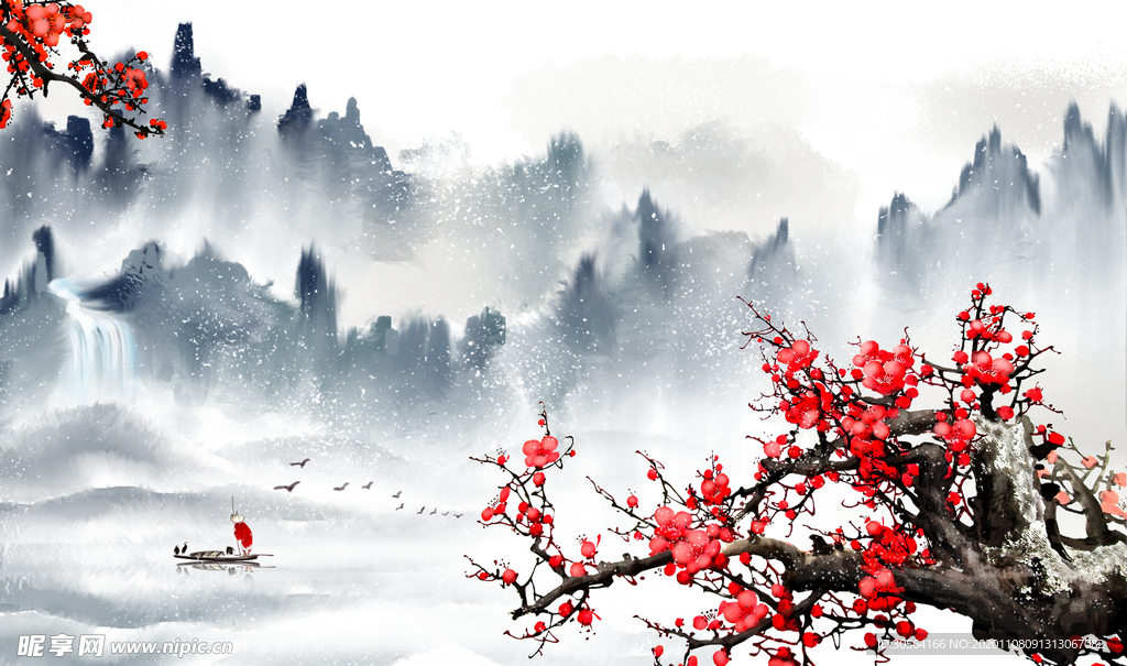 红梅山水复古插画背景海报素材