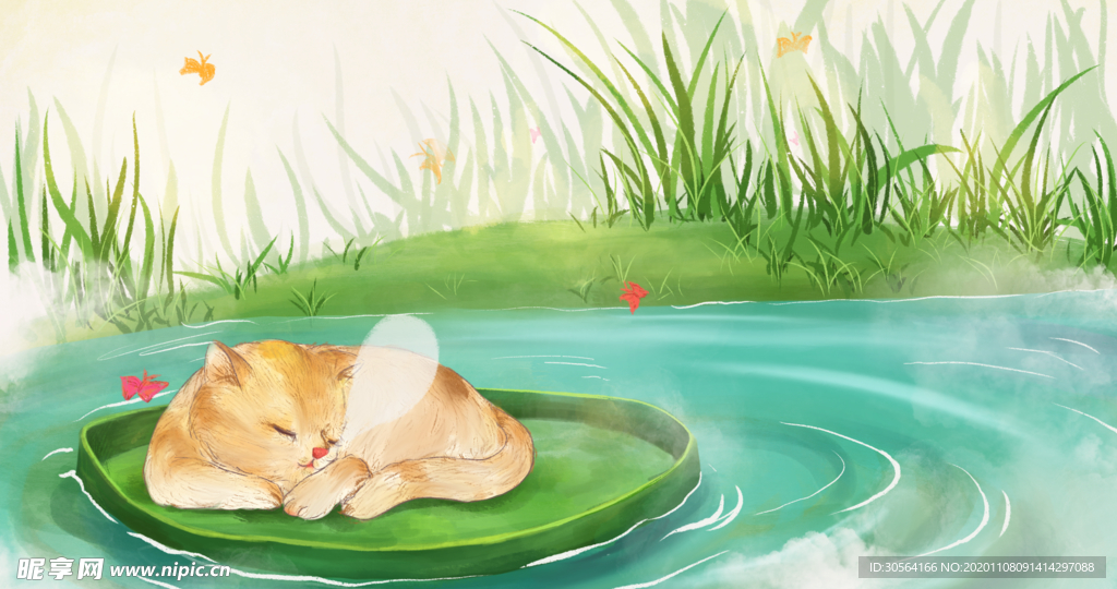 池塘小猫清新插画背景海报素材