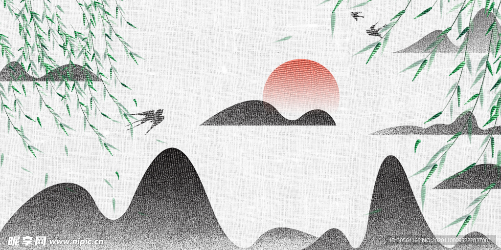 山水复古刺绣效果背景海报素材