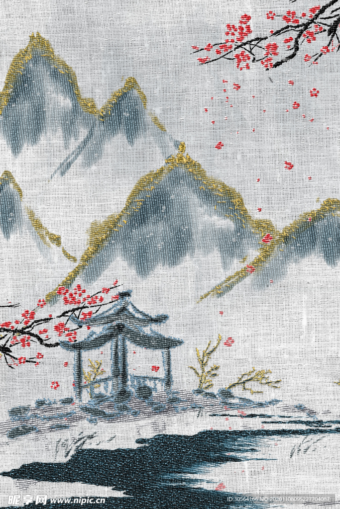 山水复古刺绣效果背景海报素材