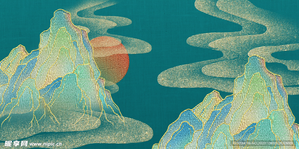 山水复古刺绣效果背景海报素材