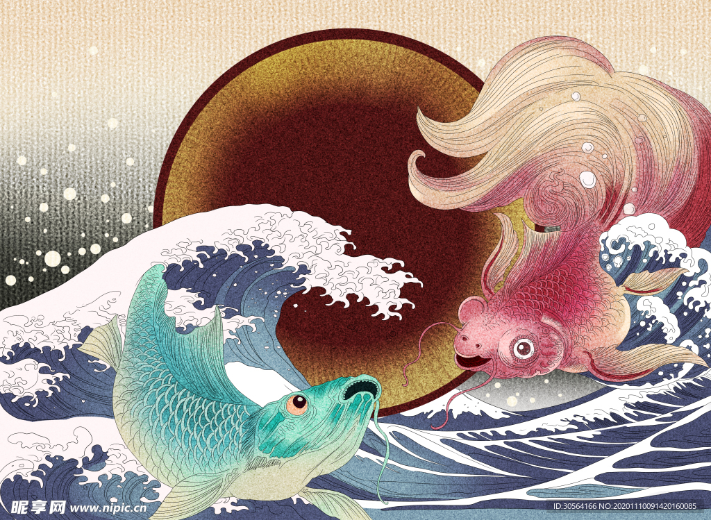 金鱼日式浮世绘复古背景海报素材