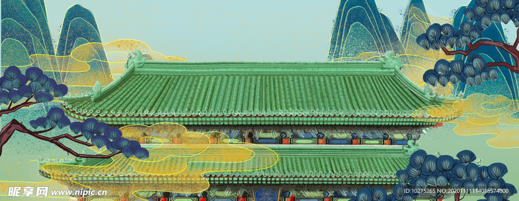 中国风国潮复古古建筑山水风海报