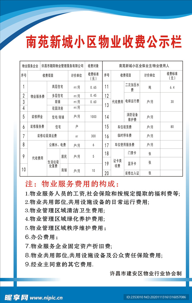 物业收费公示栏