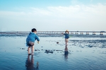 在海边玩耍的小孩