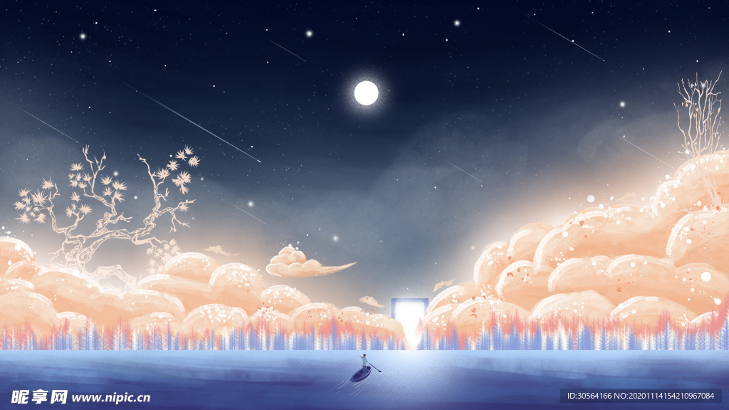 梦幻云朵人物插画背景海报素材